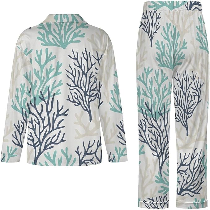 Lemons Leaves Ceramic Style Womens Pajama Set Long Sleeve Pajamas Top And Pants Soft Loungewear Pjs Sets