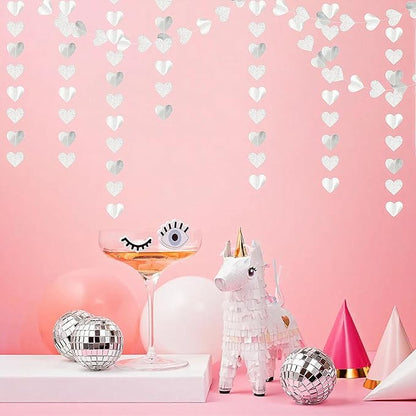 White -Silver Disco Party-Decoration Heart Garland - 52ft Birthday New Years Eve Hanging Backdrop Streamers,Graduation Engagement Wedding Bachelorette Winter Christmas Banner Decor Lasting Surprise