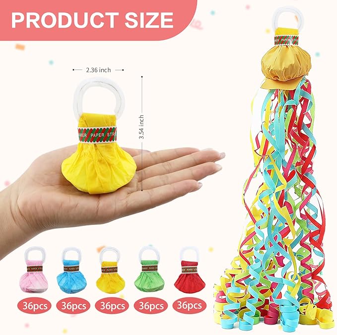 180 Pcs Hand Thrown Streamer Poppers Colorful, Confetti Streamers No Mess Paper Crackers Party Poppers for Halloween, Christmas, Thanksgiving Day, Birthday, Wedding, Celebrations, Graduation Party