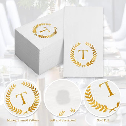 200 Pack Monogrammed Disposable Napkins Gold Foil Letter T Guest Napkins Initial Disposable Hand Paper Towels for Wedding Engagement Baby Shower Party Home Kitchen Bathroom Dinner Decorative Towels