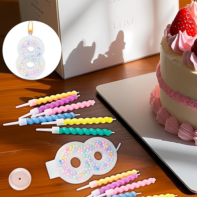 Number Birthday Candle with 12PCS Spiral Candles and A Birthday Card - Perfect for Celebrating Birthdays (Macaron Glitter, Number 8)