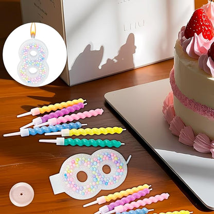 Number Birthday Candle with 12PCS Spiral Candles and A Birthday Card - Perfect for Celebrating Birthdays (Macaron Glitter, Number 8)