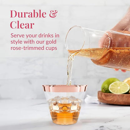Prestee 100 Rose Gold Plastic Cups - Rose Gold Plastic Cups 9 oz - Party Decorations - Disposable Wine Cup - Clear Cup - Bulk Party Wine Glasses