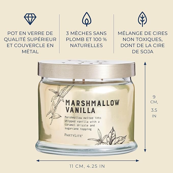 PartyLite Marshmallow Vanilla Scented with Caramel & Sugarcane Notes, 13.2oz 3-Wick Jar Candle, 45 Hour Burn Time, Luxurious Fragrance, Ideal for Gifting