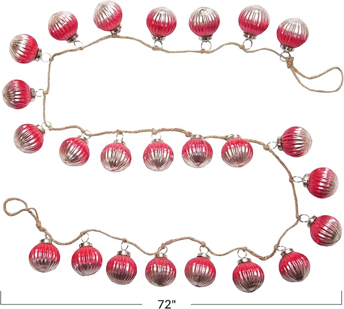 Creative Co-Op Embossed Mercury Glass Ball Ornament Garland with Jute Cord, Fuchsia Color and Silver Ombre