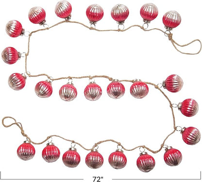 Creative Co-Op Embossed Mercury Glass Ball Ornament Garland with Jute Cord, Fuchsia Color and Silver Ombre