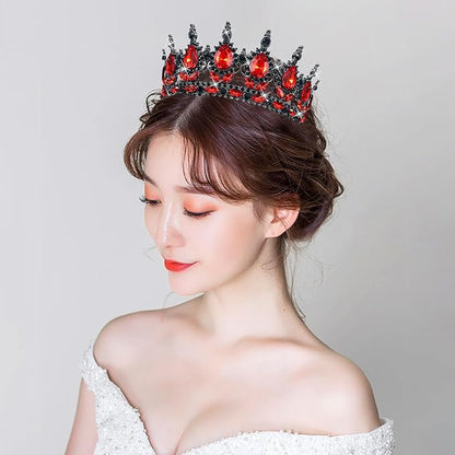 Queen Crown Rhinestone Wedding Tiaras for Women Costume Party Hair Accessories Princess Birthday Tiara Crystal Bridal Crown (Black Red)