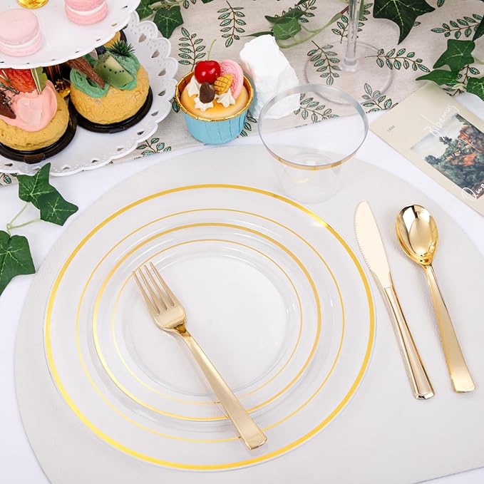 DaYammi 210PCS Clear Gold Plastic Dinnerware Set Christmas Plates Disposable Fancy Platos for Party Include: 30 Dinner Plates, 30 Dessert Plates, 30 Pre Rolled Napkins with Gold Silverware, 30 Cups