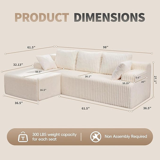 Modular Sectional Sofa Couches L-Shape Couch 3 Seat Modular Sofa Memory Foam Sectional Couches for Living Room, Cloud Couch with Oversized Chaise (White Stripe, 98" Left Facing Chaise)