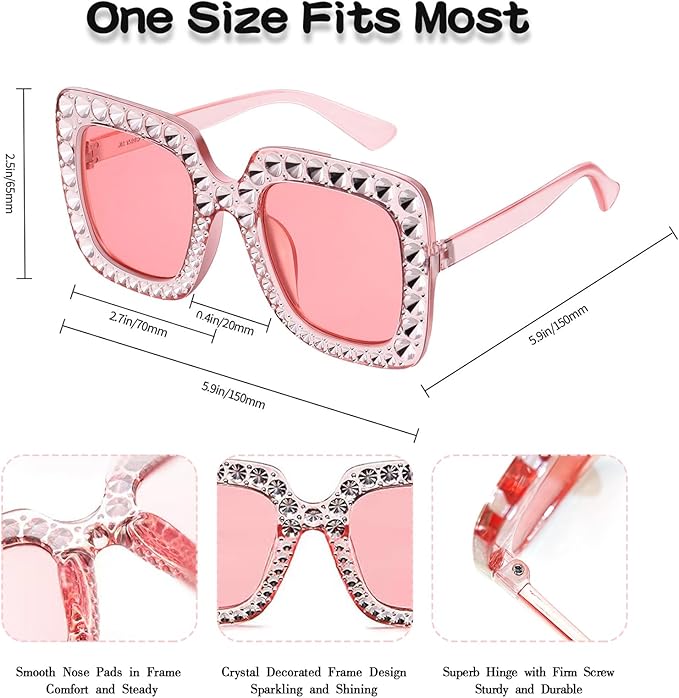 Pibupibu 4/8/16 Pack Colorful Bling Crystal Sunglasses Oversized Square Glitter Rhinestone Sunglasses for Women Party Favors