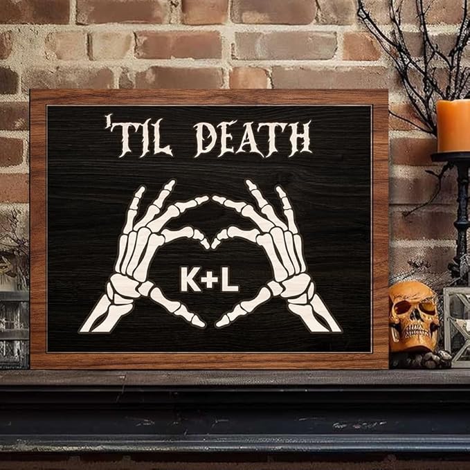 Custom Couple Skeleton Wooden Sign, Ghost Couple Gift, Halloween Skeletons Wedding Frame Sign, Til Death Sign, Gothic Home Decor, Wood Sign Gifts for Birthday Valentine Engaged Bridal Party a9