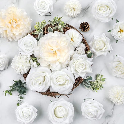 AmyHomie White Artificial Flowers Combo Silk Mix Peony Rose Hydrangea Daisy Fake Flowers w/Stem for DIY Wedding Bouquets Centerpieces Arrangements Table Decor Party Bridal Baby Shower Home Decor
