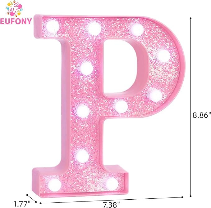 Pink LED Marquee Light Up Letters, Glitter Alphabet Letter Lights for Birthday Party Decorations, Battery Operated Letter Signs for Girls Room Table Decor, Pink letter P with Cool White Lights