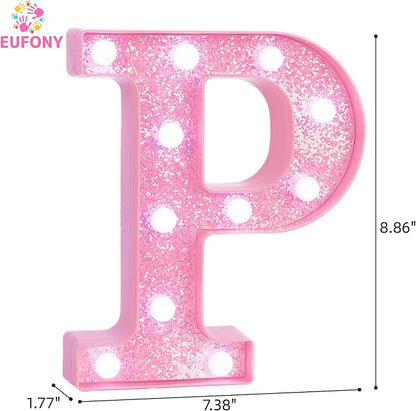 Pink LED Marquee Light Up Letters, Glitter Alphabet Letter Lights for Birthday Party Decorations, Battery Operated Letter Signs for Girls Room Table Decor, Pink letter P with Cool White Lights