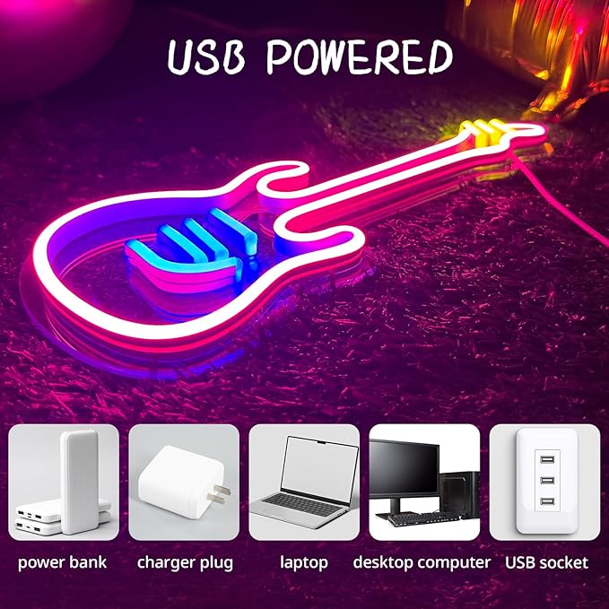 Guitar Neon Sign Light, On/Off-Switch Neon Sign for Wall Decor, LED Light Sign for Bedroom Decor, Girls Room, Christmas Gifts, Bar, Party, Wedding, Easily-Install with Hooks, Chain, Adaptor (14"x6")
