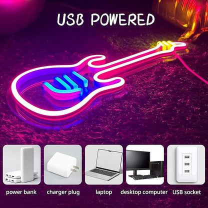 Guitar Neon Sign Light, On/Off-Switch Neon Sign for Wall Decor, LED Light Sign for Bedroom Decor, Girls Room, Christmas Gifts, Bar, Party, Wedding, Easily-Install with Hooks, Chain, Adaptor (14"x6")