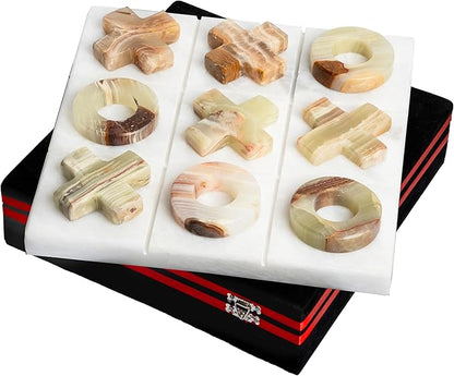 UMAID Luxury Marble Tic Tac Toe Game, Handcrafted 10" Onyx Board in Velvet Box, Solid Marble Set, Each Piece is Unique, Elegant Coffee Table or Office Decor, Unique Gift for Men, Women, Game Lovers