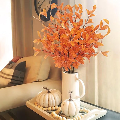 Uieke 6 Pcs Artificial Fall Eucalyptus Stems Fall Eucalyptus Leaves Plants Fall Decorations with Fall Leaves for Autumn Office Home Wedding Centerpiece Fall Florals Arrangement Decor (Orange)