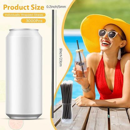2000 PCS Individually Wrapped Disposable Plastic Drinking Straws, (9" Long, 0.24" Diameter), for Juice, Iced Coffee, Soda, and Party Beverages(Black)