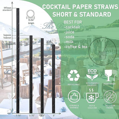 Black Paper Straws, Solid black/250 Bulk, Biodegradable Paper Drinking Straws for Cocktail, Drinks, Bars and Restaurant, 7.75"x0.24"