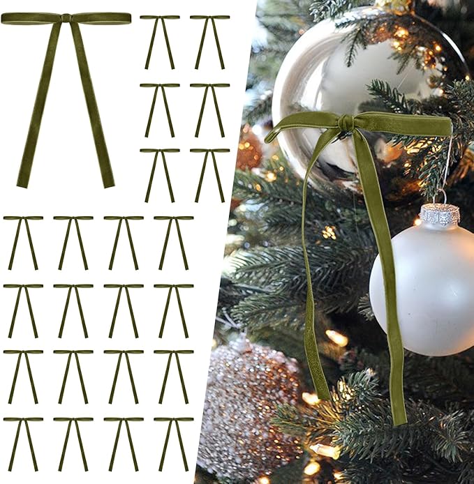 SIMISI RIBBON 24 Pcs Olive Green Velvet Christmas Tree Bows Door Garland Decor Vintage Wreath Bow (3/8'' Wide, 5 * 7 inch)