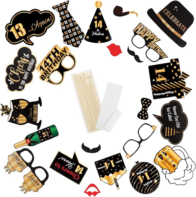 LINGTEER Happy 14th Birthday Party Photo Booth Props,Cheers to 14th Birthday Fourteen Years Old Bday Party Centerpieces Props Decorations Sign.