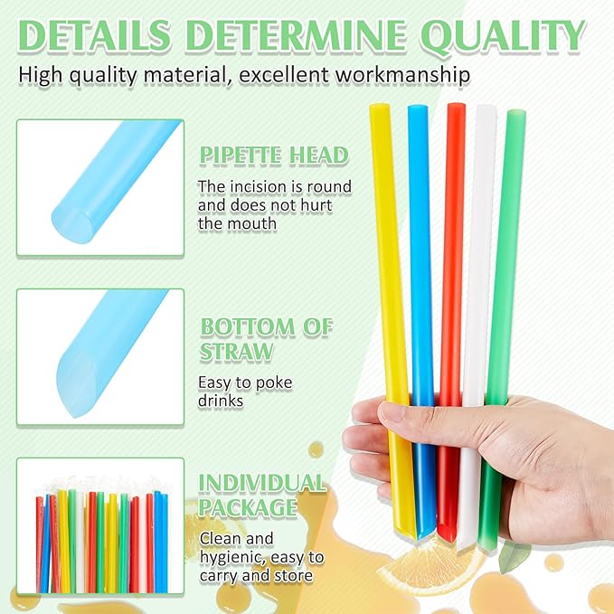 Tessco for you 600 Pcs 8 Inch Jumbo Smoothie Straws Bulk Large Plastic Disposable Bubble Tea Straws Wide-Mouthed Individually Wrapped for Tall Homemade Milkshakes Drinking(Bright Color)