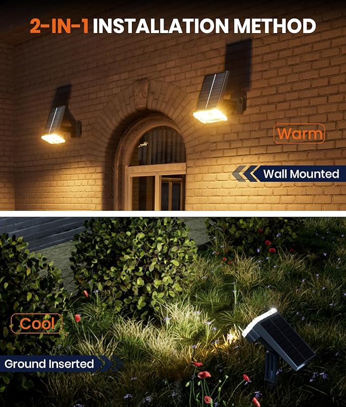 8-Pack Solar Lights Outdoor Waterproof IP67, 3 Color Modes (Warm/Cool White & Hybrid) with 3 Lighting Modes, 105° Adjustable Dusk to Dawn Solar Spotlights for Pathway/Garden/Yard Wall/Ground Lighting