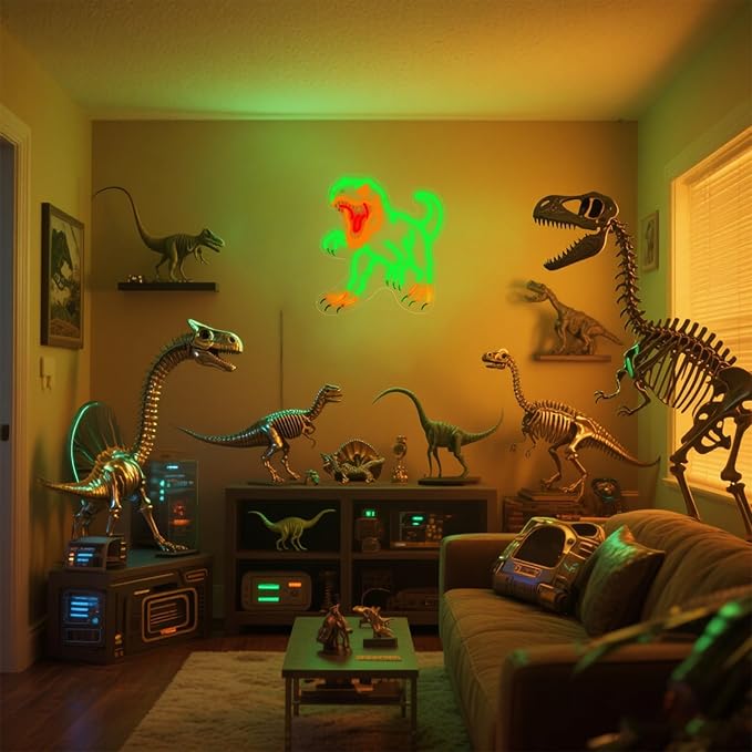 Dinosaur Neon Wall Sign - Green T-Rex LED Light for Jurassic Party, Boys Bedroom, Halloween Decor, Spooky Gift for Teens, 14.5x13.6" USB Powered
