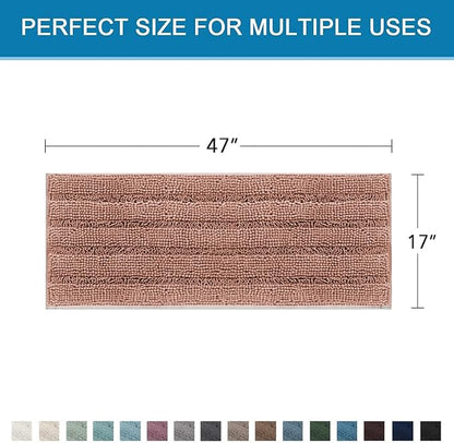 H.VERSAILTEX Bath Rugs for Bathroom Non Slip Bath Mats Extra Thick Chenille Striped Bath Rug Runners 47" x 17" Absorbent Fluffy Soft Shaggy Mats Dry Fast Plush Area Carpet for Bath Room - Muted Clay
