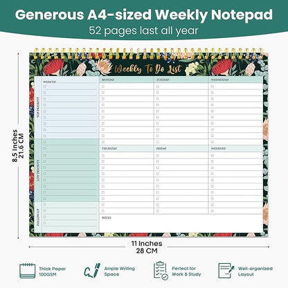 Weekly To Do List Notepad with 52 Undated Sheets（8.5"×11"）- Undated Weekly Planner Notepad for Office Desk Accessories and Supplies - Sage Blossom
