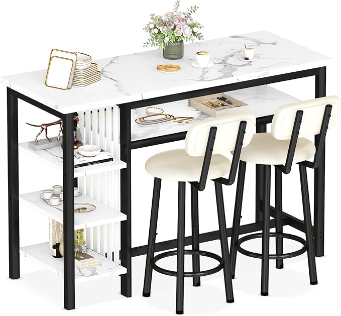 AWQM 3-Piece Bar Table and Chairs Set, Modern White Faux Marble Table with 2 PU Cushion Bar Stools, Kitchen Counter with 3 Tier Storage Shelves, Space Saving Table for Home & Kitchen, Black Frame