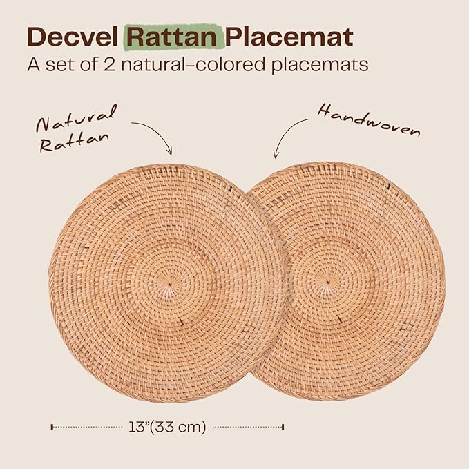 2-Pack Rattan Placemats - 13-inch Round Placemats (Natural Rattan Color) - Woven Place Mats, Round Table Mats - Wicker Chargers for Dinner Plates, Plate Chargers Boho - Kitchen Table Decor
