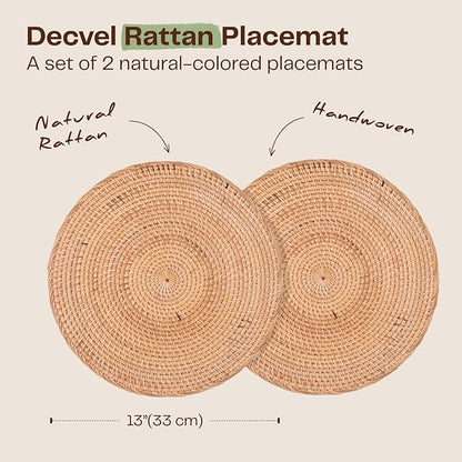 2-Pack Rattan Placemats - 13-inch Round Placemats (Natural Rattan Color) - Woven Place Mats, Round Table Mats - Wicker Chargers for Dinner Plates, Plate Chargers Boho - Kitchen Table Decor
