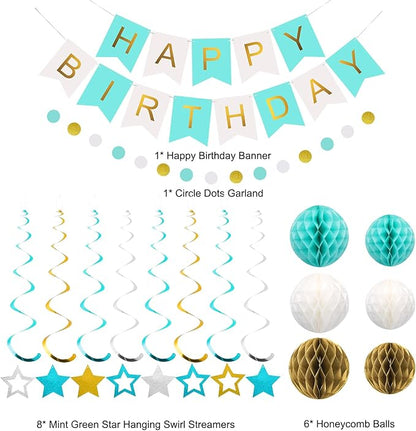 meowtastic Birthday Decorations, Happy Birthday Banner with Honeycomb Balls, Stars Hanging Swirls Streamers, Circle Dots Garland, Happy Birthday Party Decorations for Women Men Boys Girls (Mint)