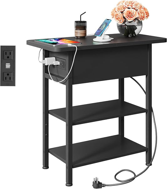 WLIVE End Table with Charging Station, Flip Top Narrow Side Table with Storage Shelf, Small Nightstand with USB Ports and Outlets,Bedside Table for Living Room, Bedroom,11.8" D x 23.6" W x 24.3" H