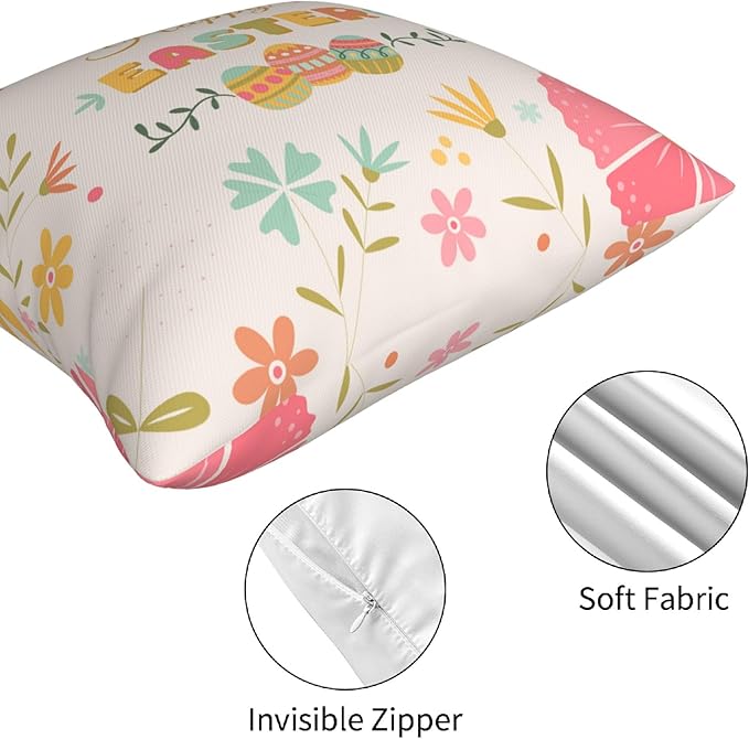 Easter Throw Pillow Covers 18 x 18 Inch Set of 4 Happy Easter Eggs Bunny Rabbits Pink Spring Decor Cushion Covers for Home Sofa Couch Decoration
