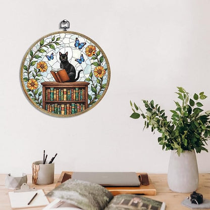 Cute Cat Decor Cat Stuff Accessories Book Lovers Gifts Reading Gifts Framed Round Wall Decor Canvas Wall Art Hanging Prints Artwork for Home Nursery Bedroom Living Room Decorations 10.2X10.2 Inch