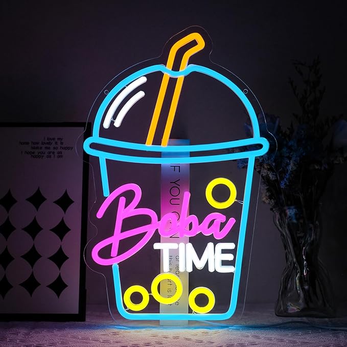 Boba Time Neon Sign for Wall Decor Dimmable Boba Tea Led Light Signs Bubble Tea Neon Light for Cafe Bar Kitchen Restaurant Coffee Dessert Shop Living Room Decoration Gift for Girls