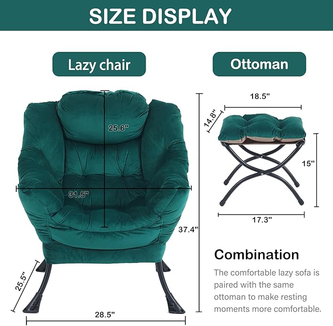 LITA Lazy Chair with Ottoman, Modern Accent Leisure Upholstered Sofa Chair, Contemporary Lounge Reading Chairs with Armrests and a Side Pocket for Living Room, Bedroom & Small Space, Dark Green