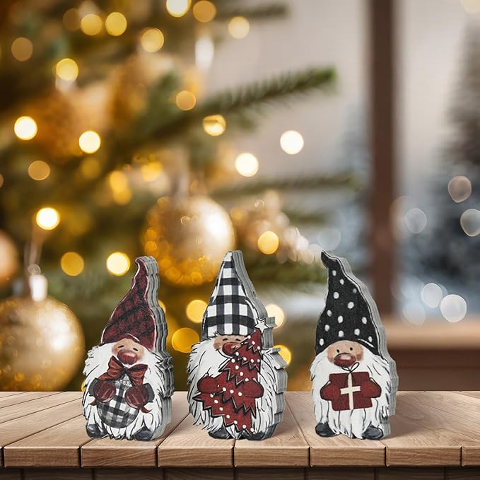 Smile 3 Pcs Wooden Blocks Christmas Signs, Gnomes Gifts Tiered Tray Decorations, for Home Table Shelf.