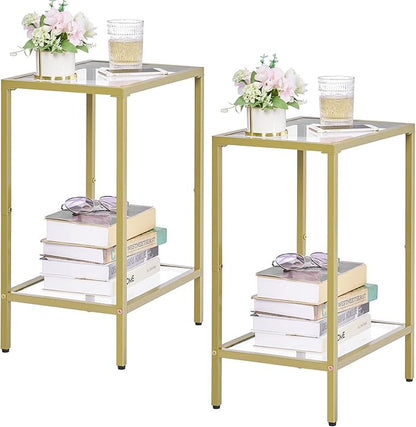 Side Tables Set of 2, End Tables with Tempered Glass, 2-Tier Nightstands with Storage Shelves, Coffee Table with Modern Style, Slim Sofa Table for Living Room, Bedroom, 11.8" D x 15" W, Gold