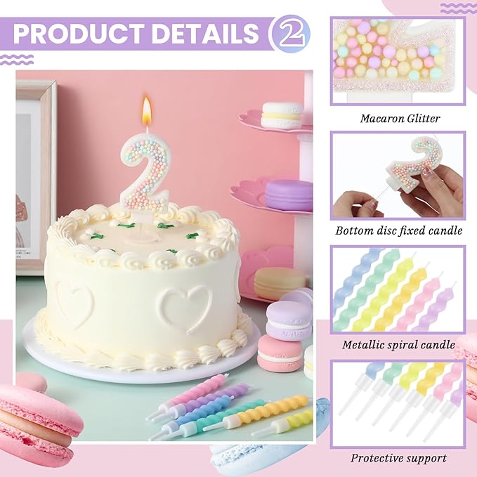 MTLEE Number 2 Birthday Candle with 12 Pcs Spiral Candles for Girls Macaron Pastel Rainbow Unicorn Pink Cake Topper for Sweet Theme Party Decoration