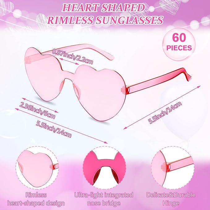 Flutesan 60 Pairs Heart Sunglasses Pink Heart Shaped Rimless Sunglasses Transparent Frameless Glasses Candy Color for Party Favor Cosplay