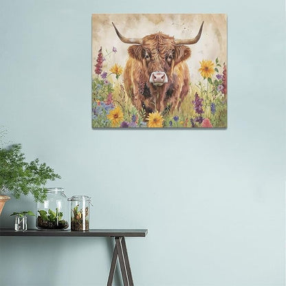 Highland Cow Wall Art Cow Pictures Wall Decor Flora Canvas Prints Painting Framed Artwork Office Home Decor For Bathroom Bedroom Dining Living Room 24L" x 20W"