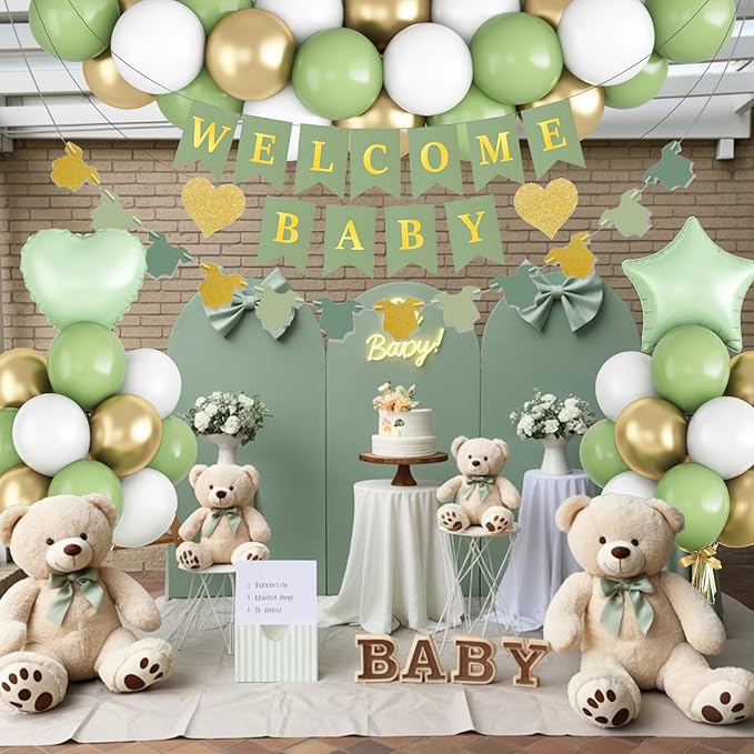 Sage Green Baby Shower Decorations Olive Green Gold White Oh Welcome Baby Balloon Set with Star Heart Foil Balloons Shower Bunting Banner Bodysuit Garland Neutral Gender Reveal Party for Boys Girls