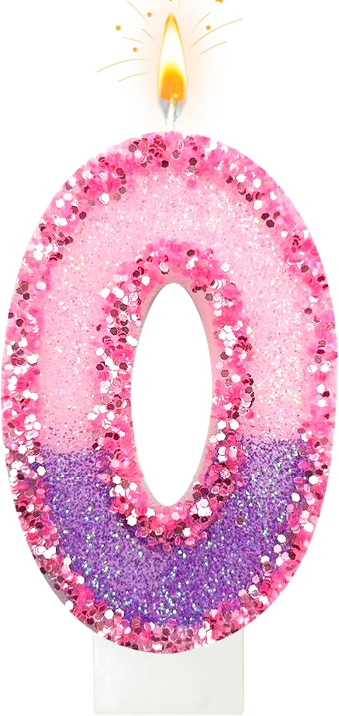 Birthday Number Candles for Cake, Pink Purple Glitter Number Candles for Cake Toppers, Ideal Birthday Parties Cake Decor, Wedding Anniversary and Other Celebrations (0 Candle)