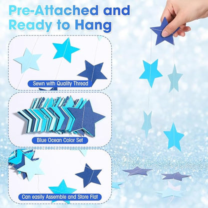 Patelai Glitter Star Garland Banner Christmas Decor 130 Feet Star Hanging Bunting Banner Twinkle Backdrop for Homecoming Classroom Wedding Birthday Halloween Party Supplies(Ocean Blue)
