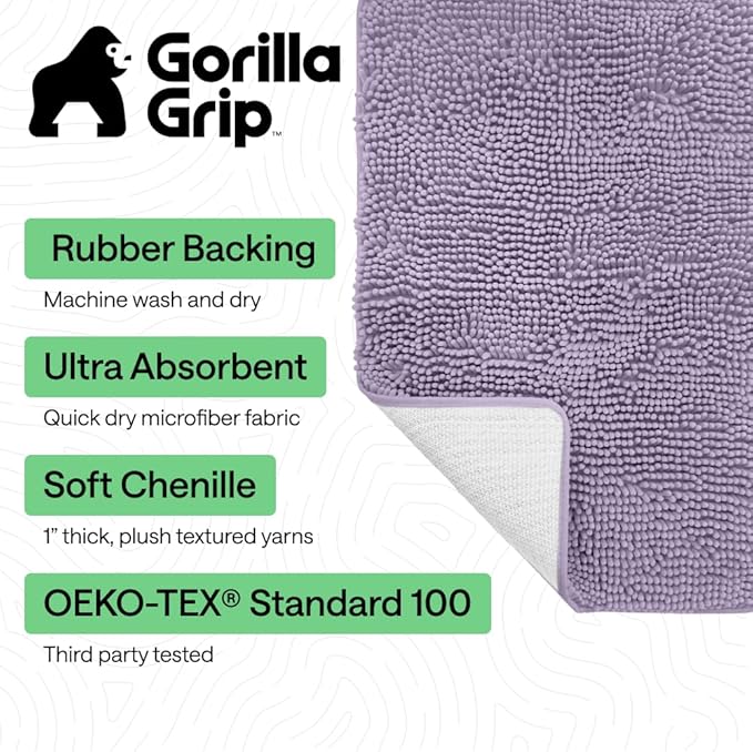 GORILLA GRIP Bath Rug Mat 60x24 Thick Soft Absorbent Chenille, Quick Dry Microfiber Mats, Rubber Backing Washable Shower Floor Rugs, Bathmat Runner Bathroom Home Decor Accessories Light Purple