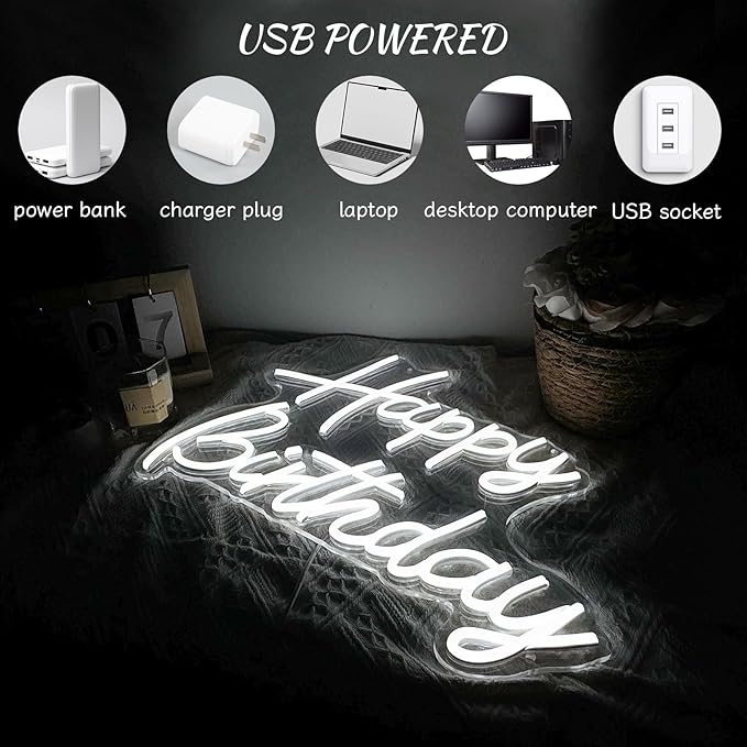 Happy Birthday Neon Sign for Wall Decor, Led Signs with Dimmable Switch, USB Powered Happy Birthday Backdrop Light Up Signs for Party Decorations, 16.1"x12.2"White
